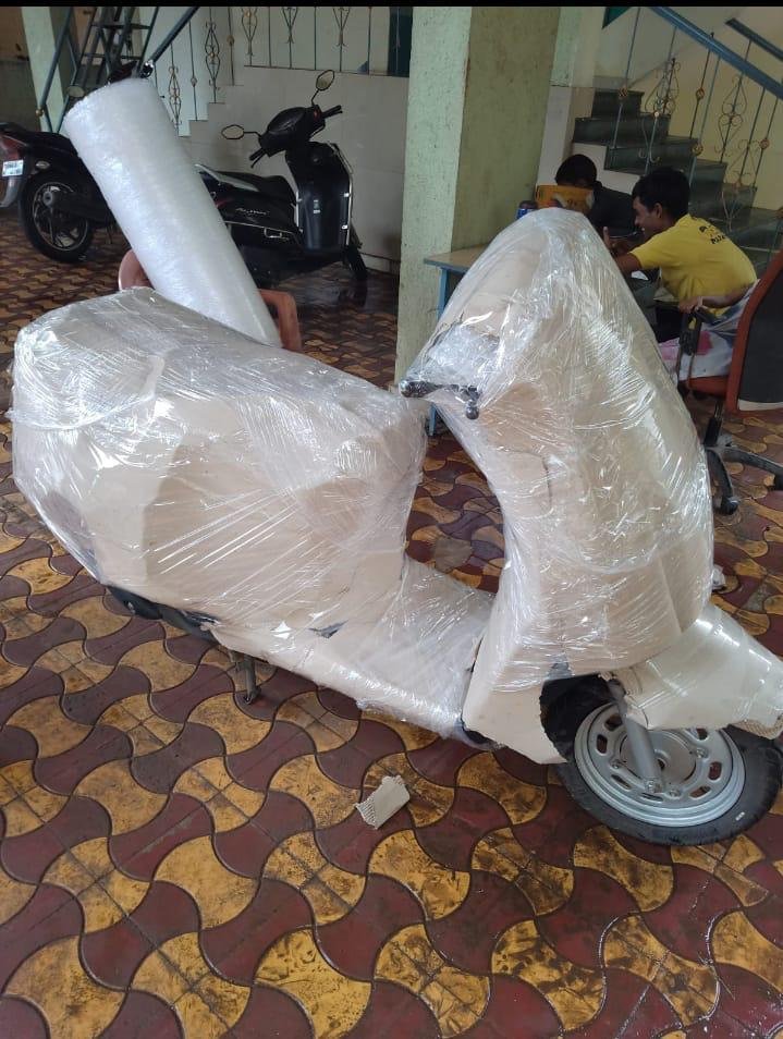 Scooter covered with protective packing